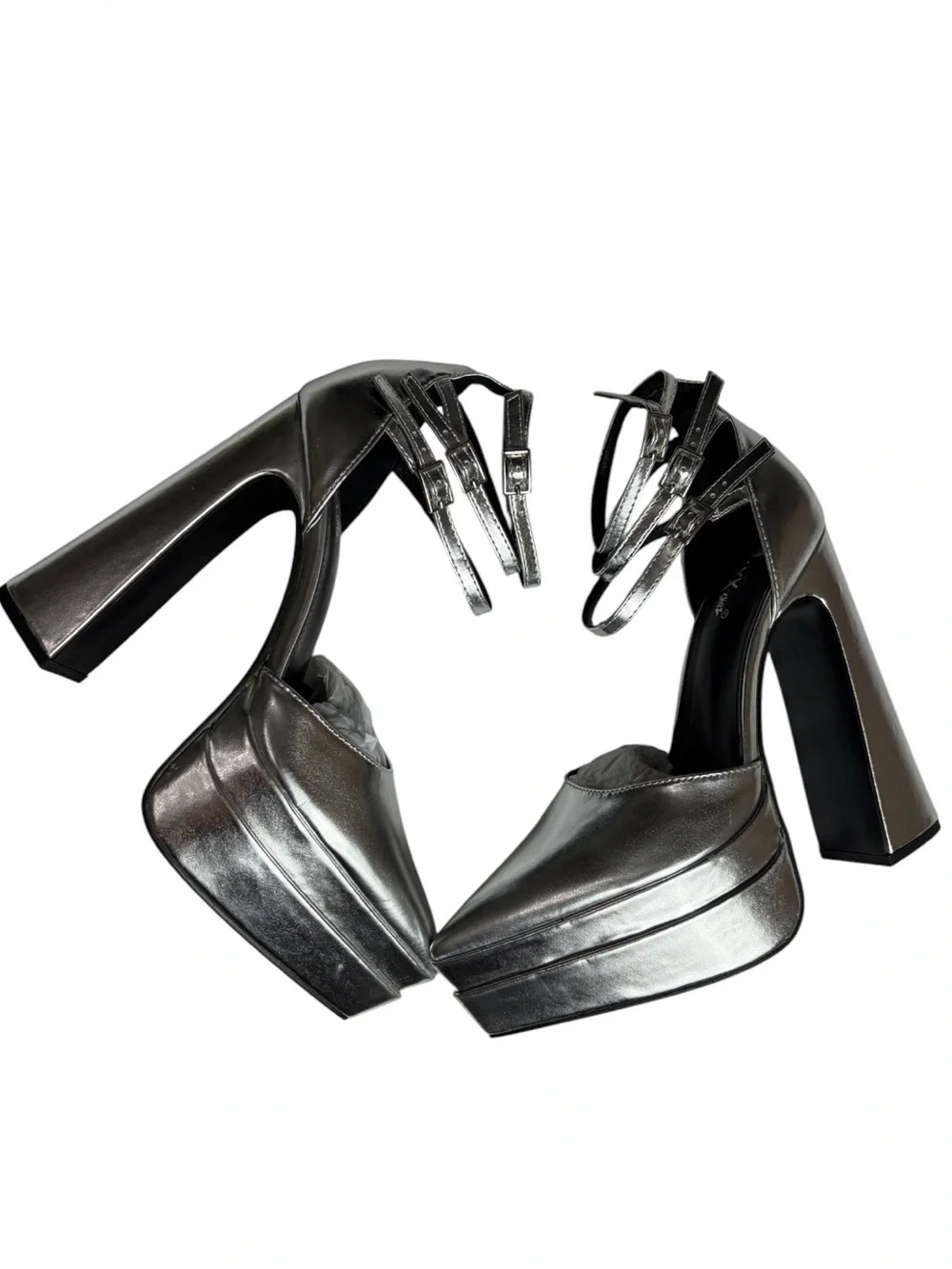 Silver metallic vegan pointy toe extreme platform Mary Jane heels size 8.5 & 9